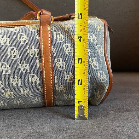 Dooney & Bourke Monogram Cloth Barrel Blue and Tan Shoulder Bag Y2K - Picture 14 of 15